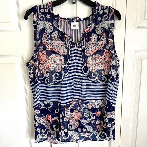 Cabi #5349 Navy Floral Paisley Peplum Striped Sheer Ruffle Pleated Top Sz S Boho - Picture 1 of 9